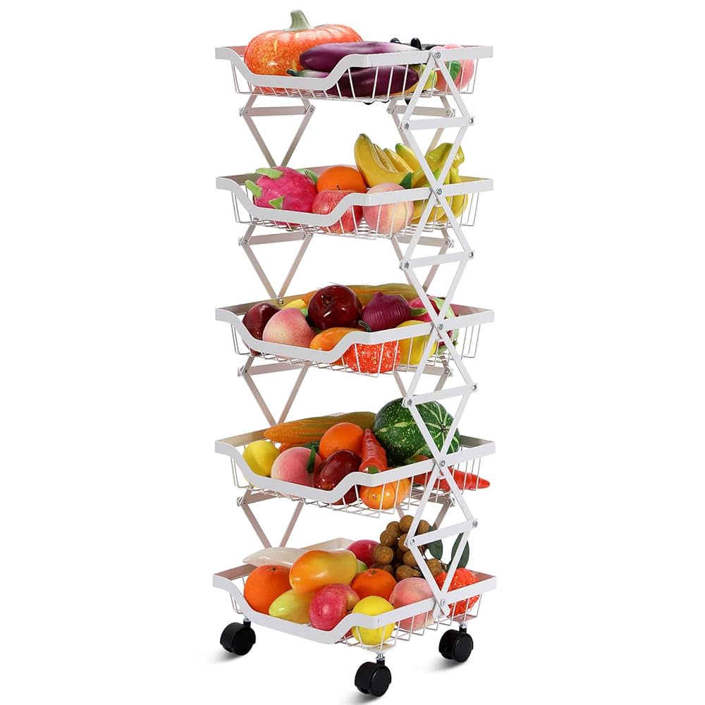 5-Tier Foldable Rolling Fruit and Vegetable Basket Stand