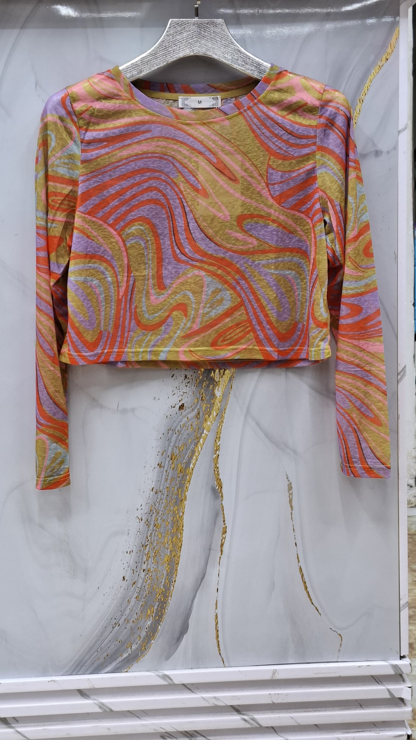 Abstract Swirl Print Cropped Long-Sleeved Top