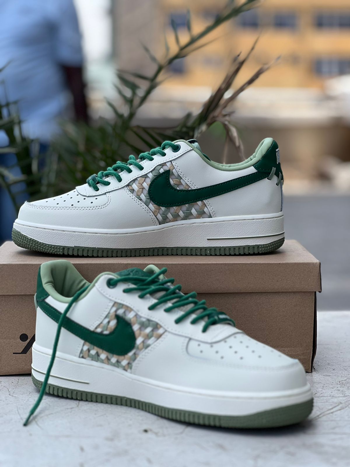 Air Force 1 Sneakers-Cream with Forest Green & Woven Accents