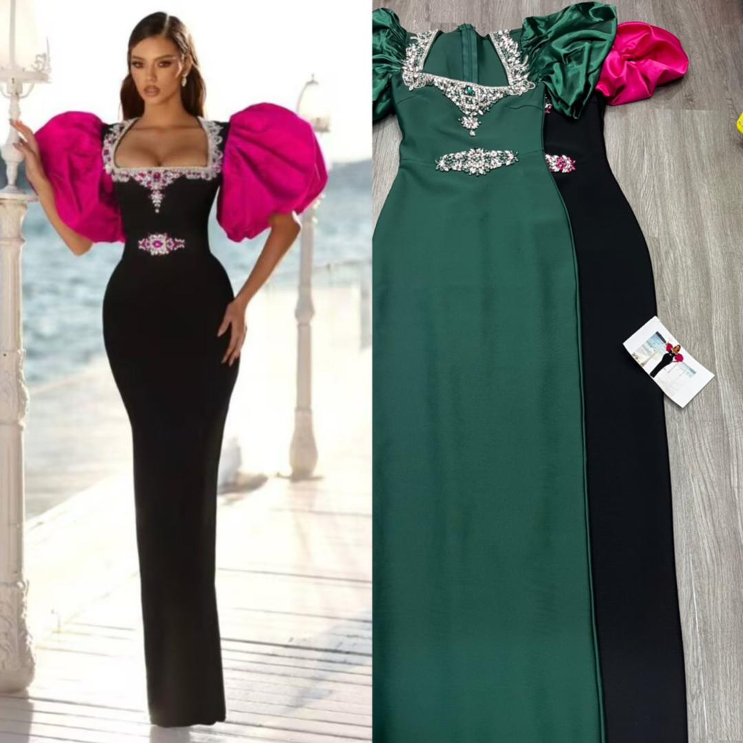 630 Jeweled Sweetheart Puff-Sleeve Midi Dress