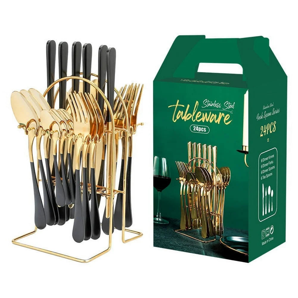 24-Piece Black and Gold Stainless Steel Cutlery Set