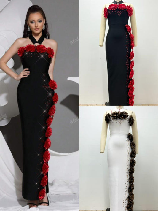 658 Black and Red 3D Floral Embellished Maxi Gown