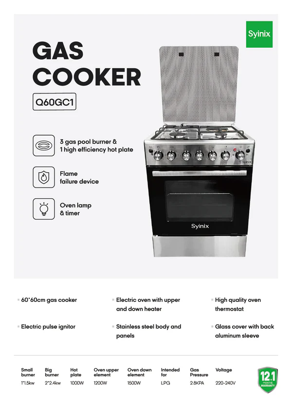 Syinix Cooker 60×60 3+1 Electric/Gas With Gas Leakage Sensor