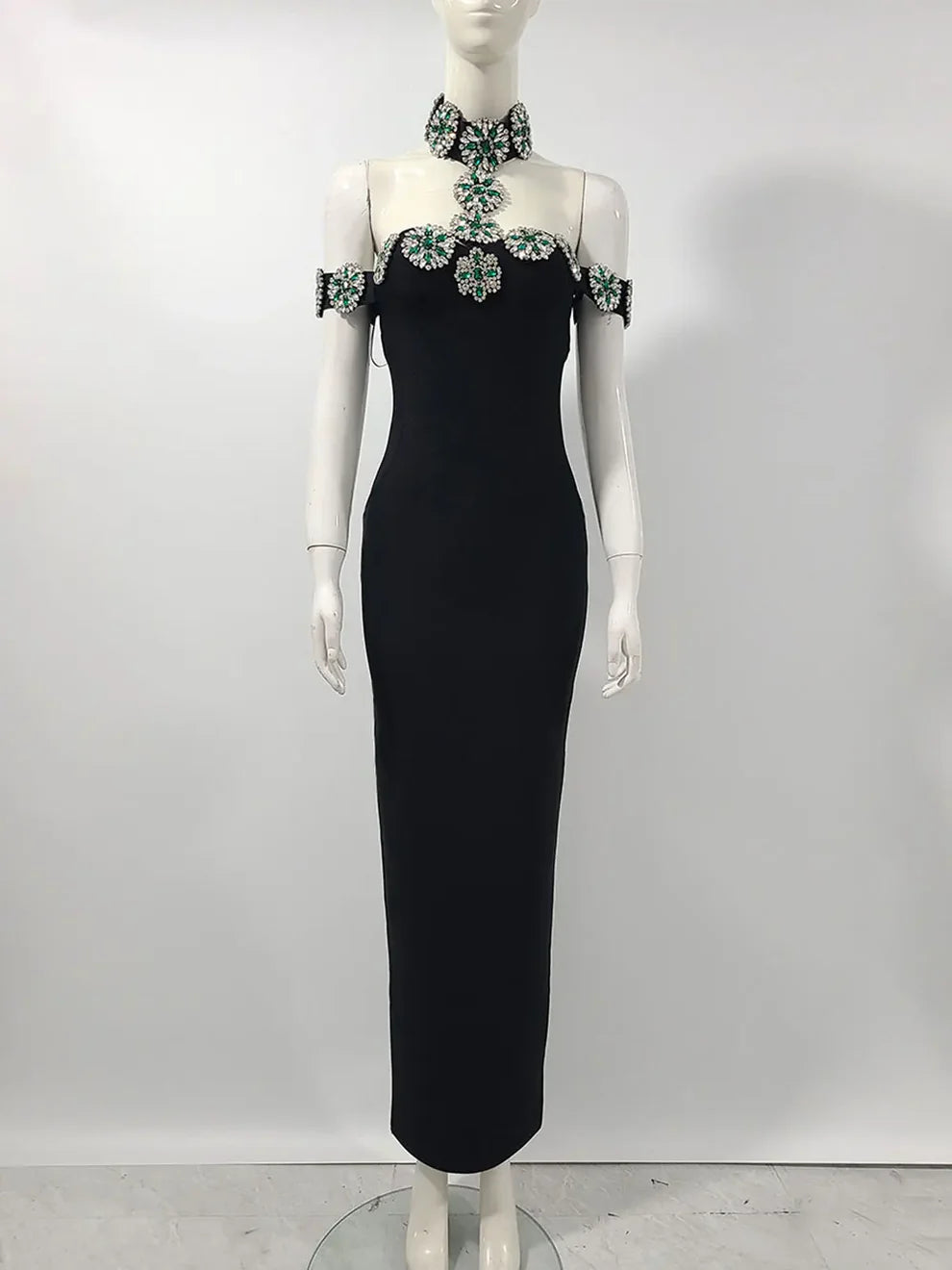 466 Cold-Shoulder Jewel Trim Maxi Dress