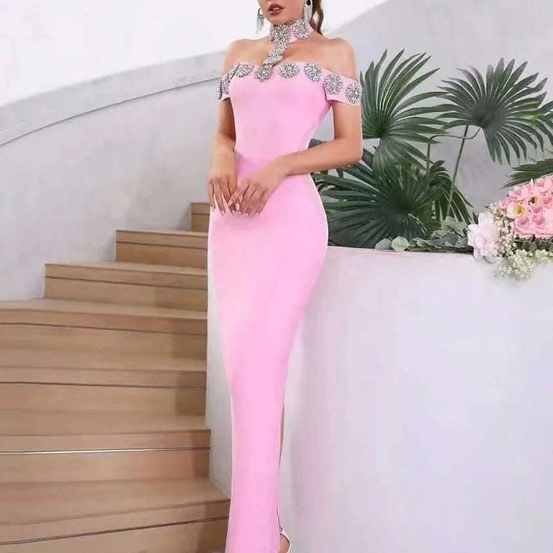 466 Cold-Shoulder Jewel Trim Maxi Dress