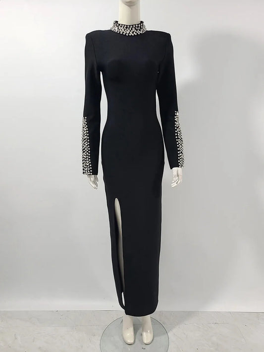 521 Jeweled High-Neck Long-Sleeve Gown