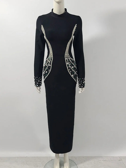 526 Jewel-Embellished Long-Sleeve Hourglass Gown