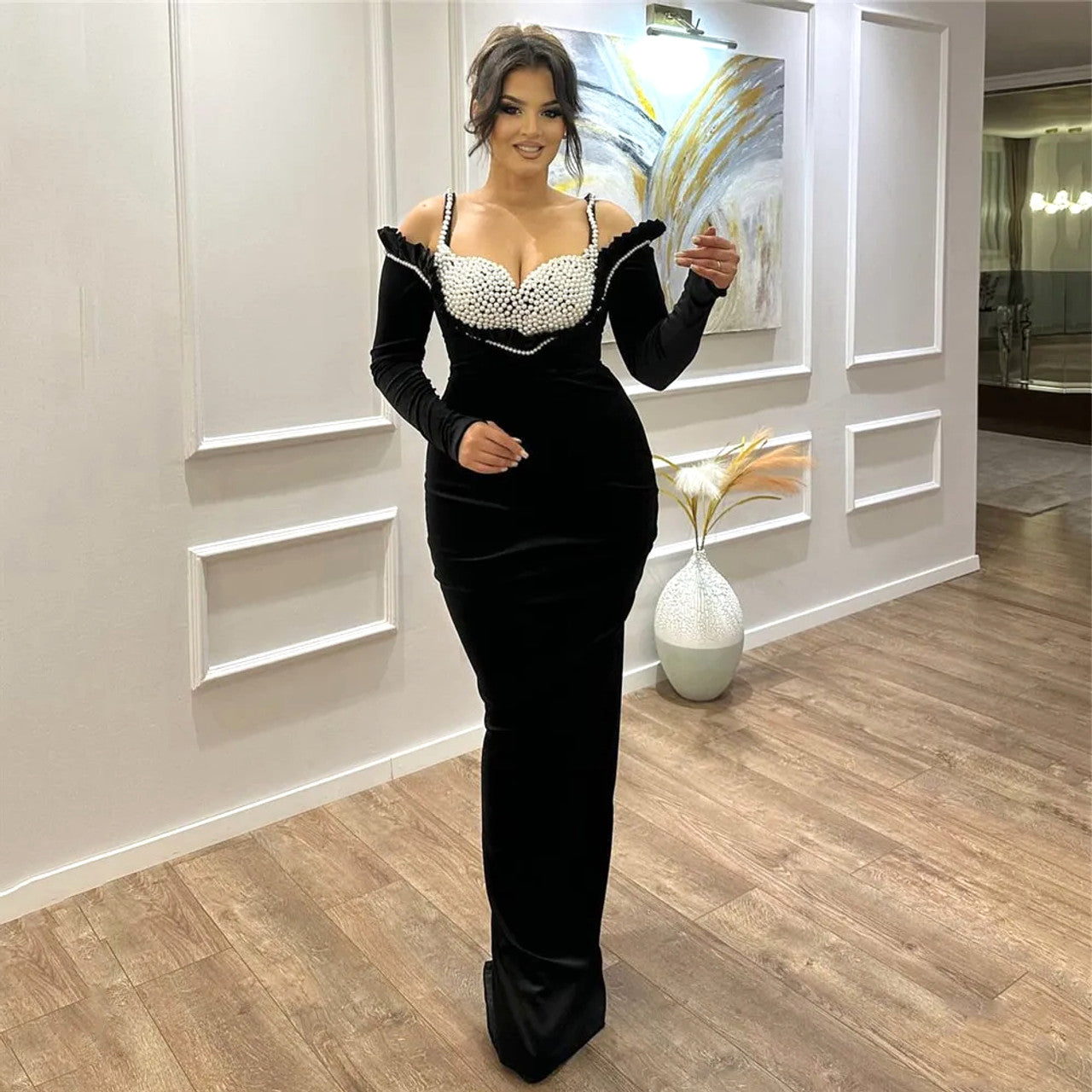 527 Black Pearl Embellished Cold Shoulder Long-Sleeve Bandage Gown