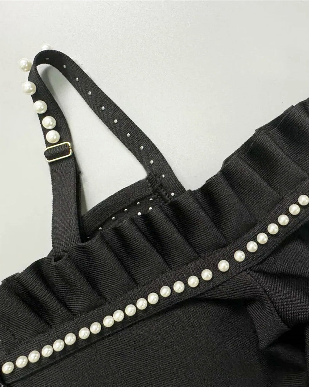 527 Black Pearl Embellished Cold Shoulder Long-Sleeve Bandage Gown