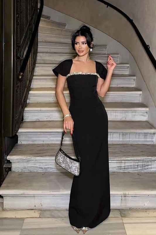 544 Square Neck Cap Sleeve Maxi Gown with Crystal Trim