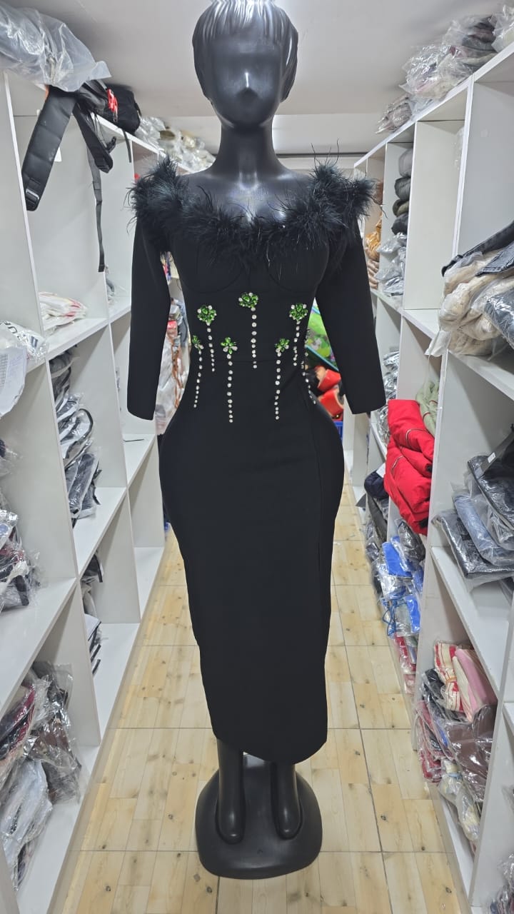 580 Black Feather Trim Long-Sleeve Rhinestone Bodycon Midi Dress