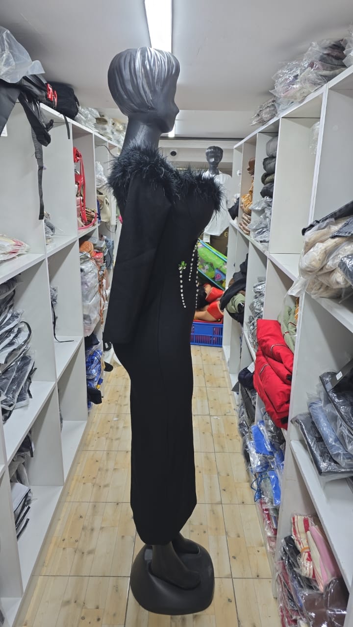 580 Black Feather Trim Long-Sleeve Rhinestone Bodycon Midi Dress