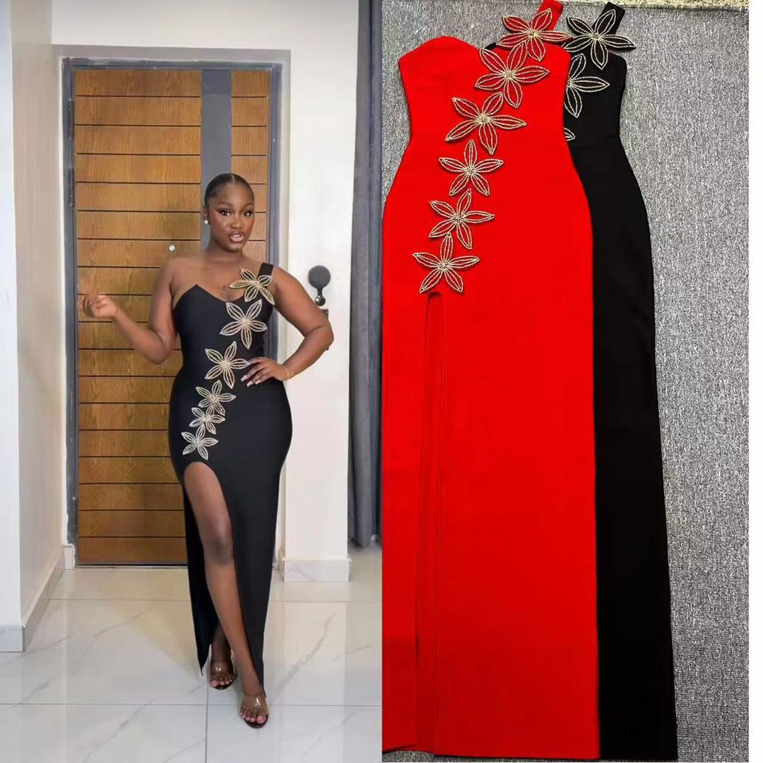 443 High-Slit One-Shoulder Appliqué Maxi Dress