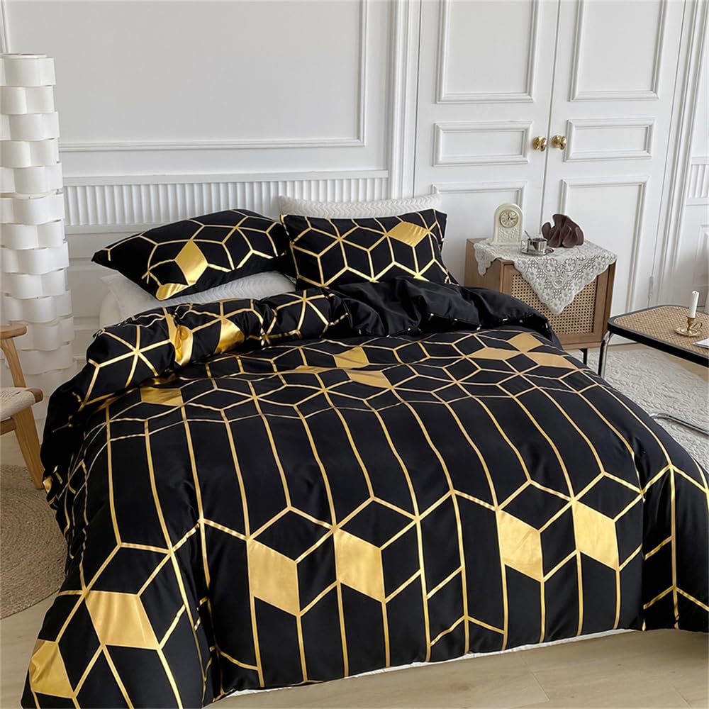 4-Piece Duvet Cover Set - Black & Gold Geometric