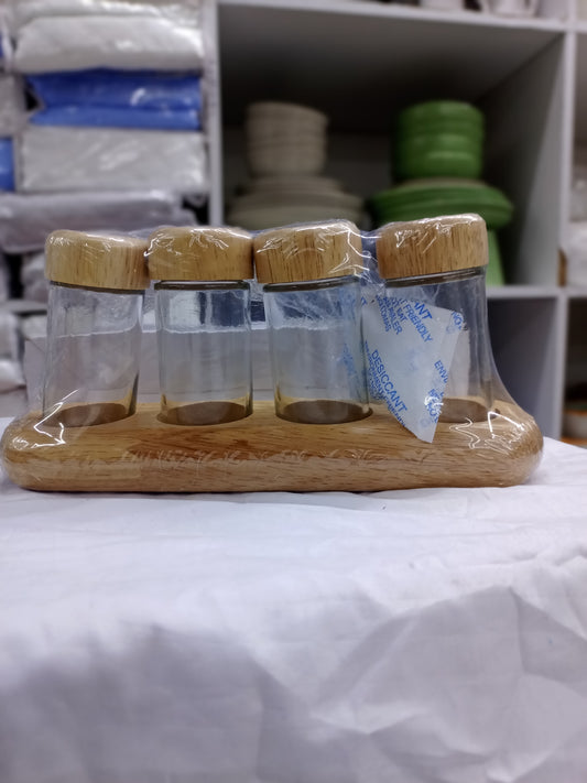 4-Piece Glass Spice Jar Set with Wooden Base