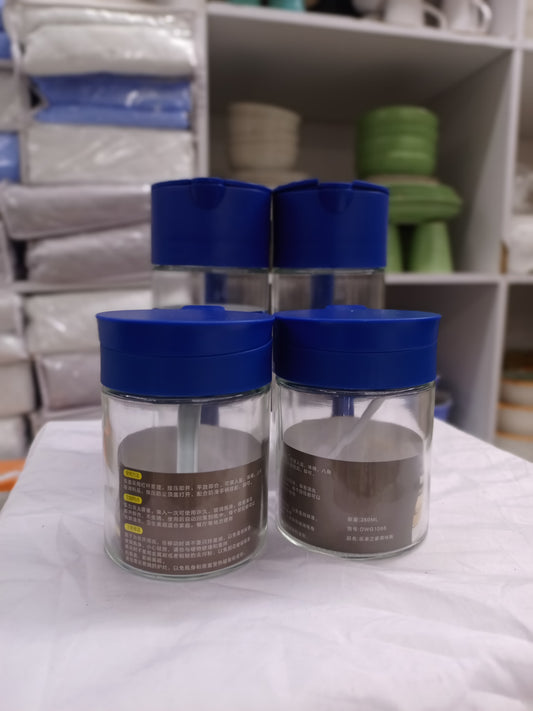 4-Piece Glass Oil and Spice Jar Set with Blue Lids & Spoons