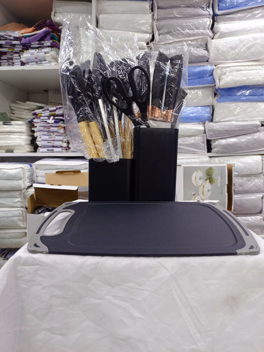 Silicone Kitchen Utensil Set with Wood Handles & Cutting Board