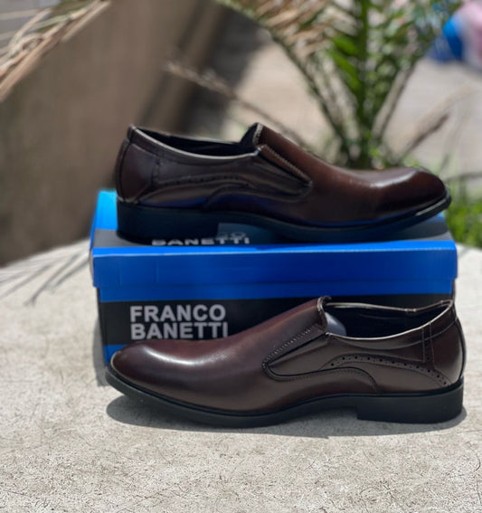 Franco Banetti Classic Leather Slip-On Dress Shoes - Coffee