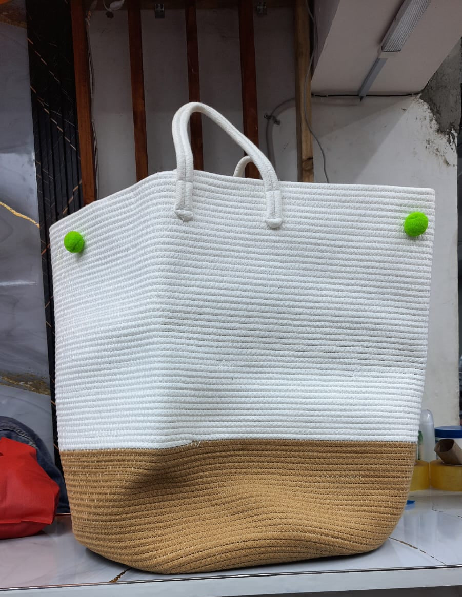 Two-Tone Handwoven Storage Basket with Handles