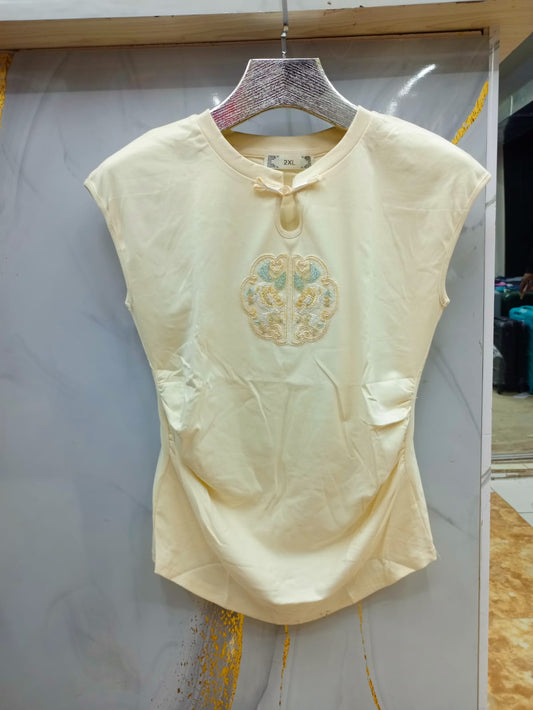 Embroidered Mandarin-Style Short Sleeve Top