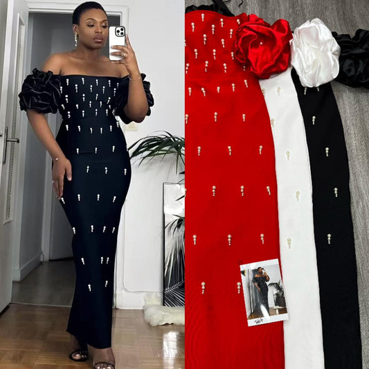 614 Luxury Pearl Embellished Off-Shoulder Gown Fabric