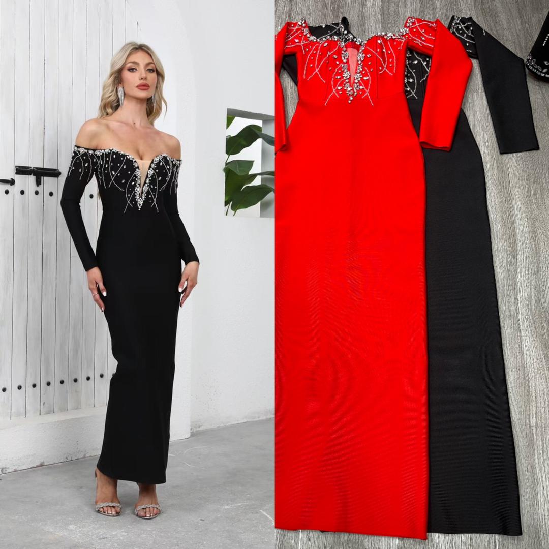 637 The Crystal Draped Off-Shoulder Gown