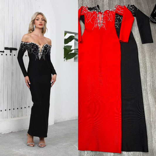 637 The Crystal Draped Off-Shoulder Gown