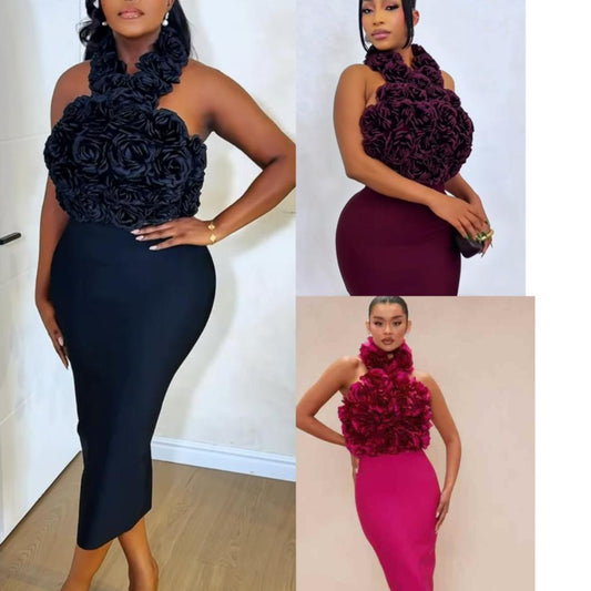 588 Burgundy Dress With A Floral Appliqué Bodice.