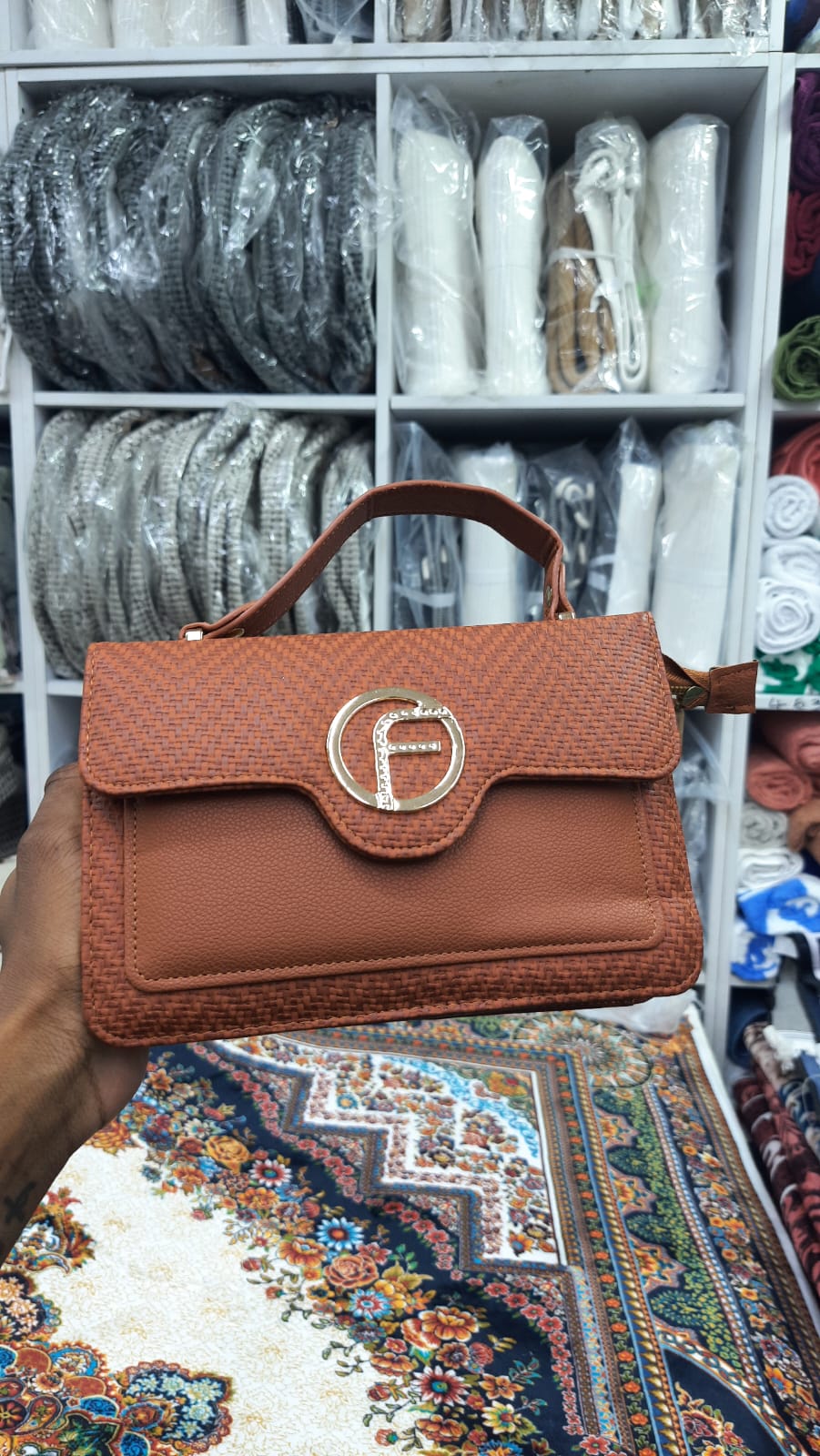 The Fortuna" Woven Flap Satchel with Rhinestone Monogram