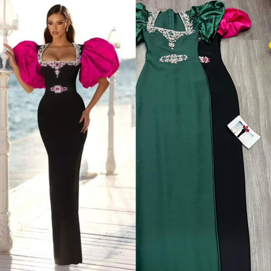 630 Jeweled Sweetheart  Puff-Sleeve Midi Dress