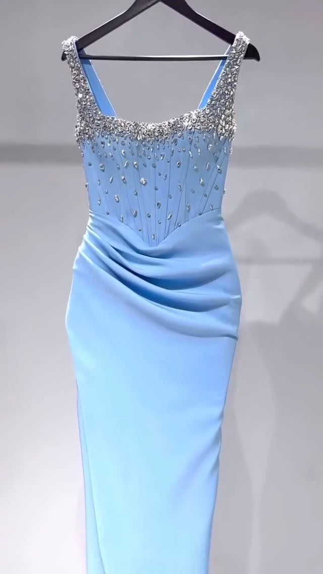 654 Powder Blue Beaded Bodice Ruched Maxi Gown
