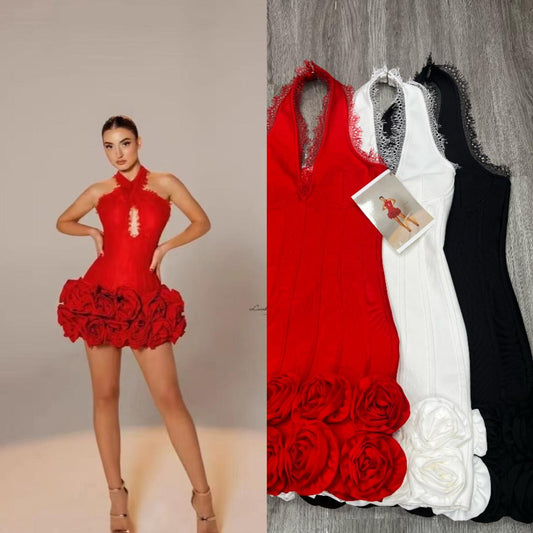 643 Red Halter Mini Dress with a Rose Flower appliqué hem