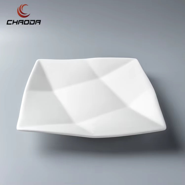 Chaoda White Porcelain Square Faceted Plate (9'')