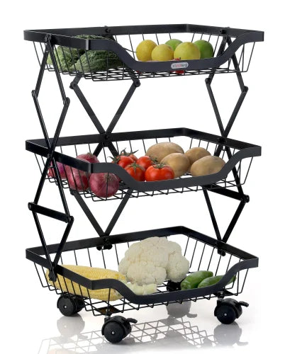 3-Tier Foldable Rolling Fruit and Vegetable Basket Stand