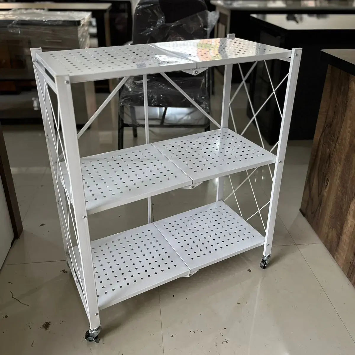 Foldable, 3-tier Metal Storage Shelf With Wheels.