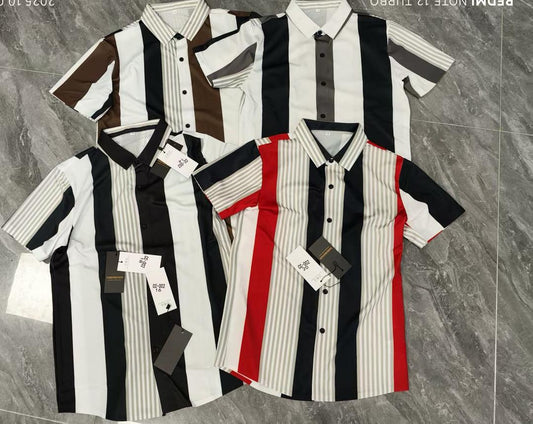 Vertical Stripe Cuban Collar Shirt