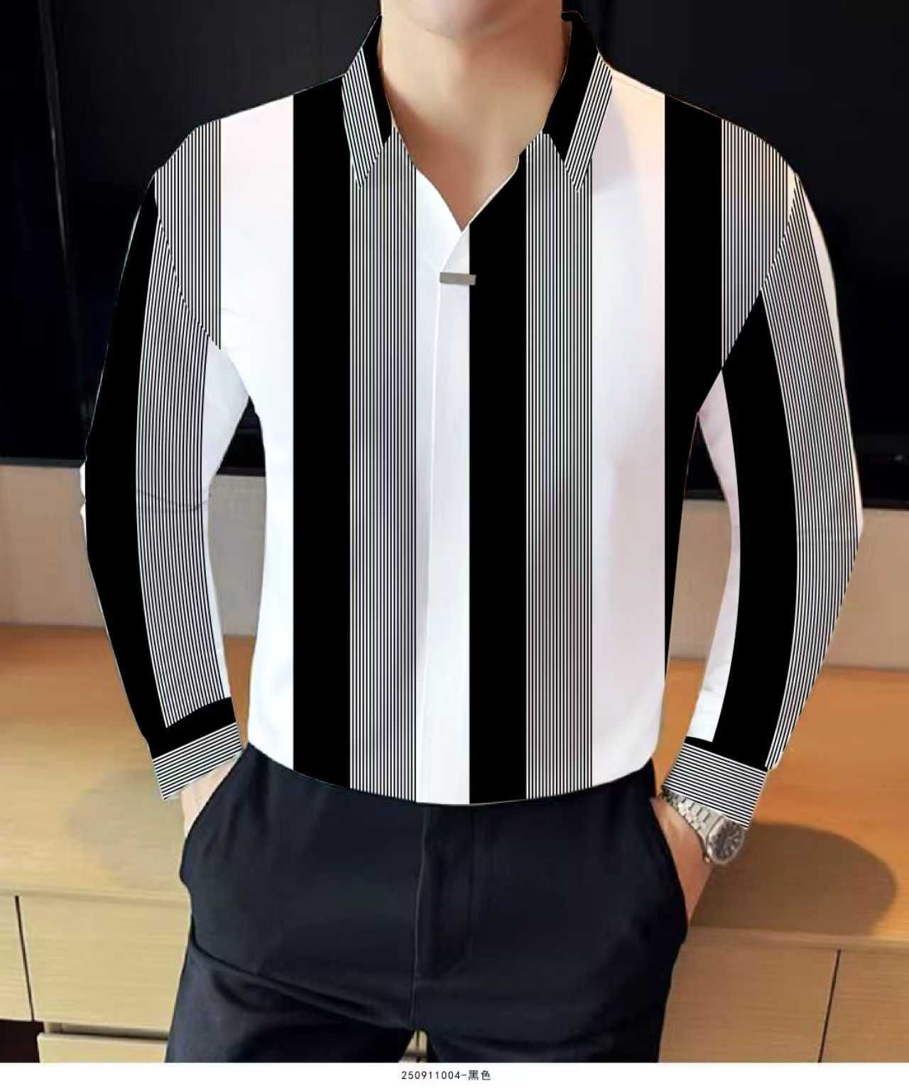 Men's Black and White Vertical Striped Long-Sleeve Shirt.