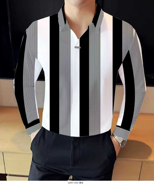 Men's Black and White Vertical Striped Long-Sleeve Shirt.