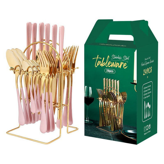 24-Piece Pink and Gold Stainless Steel Cutlery Set